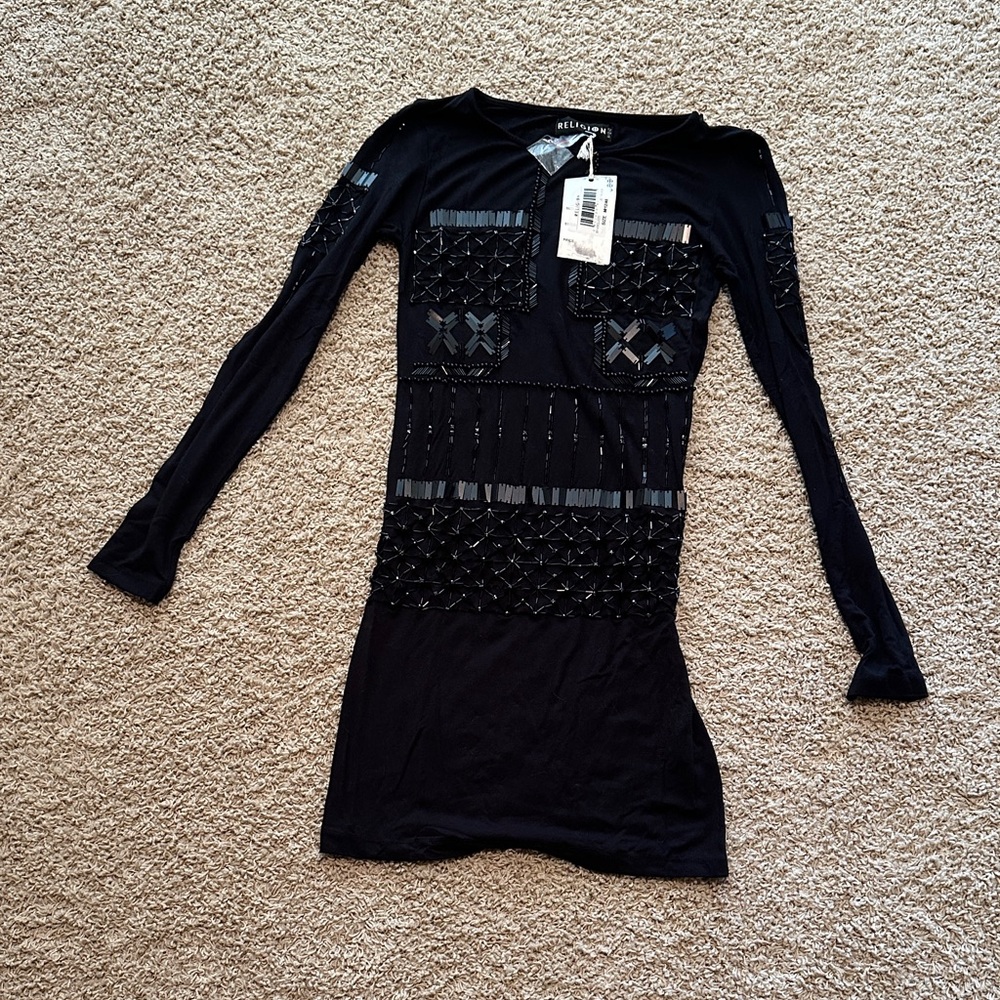 Black Religion Long Sleeve Dress with Embellishments